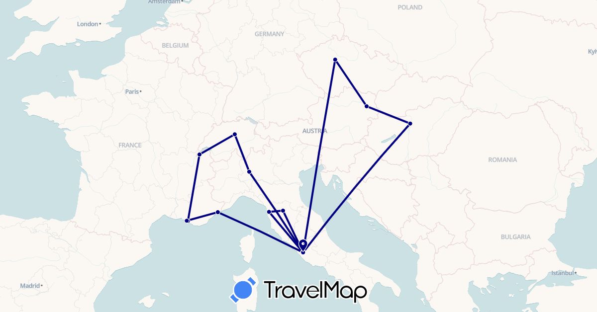 TravelMap itinerary: driving in Austria, Switzerland, Czech Republic, France, Hungary, Italy (Europe)
